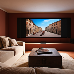 **

A cozy Italian living room transformed into a home cinema. Soft, adjustable lighting illuminates comfortable seating facing a large projected image of a classic Italian film on a screen. A high-quality audio system is subtly visible. The overall mood is warm and inviting, showcasing the immersive experience.

**