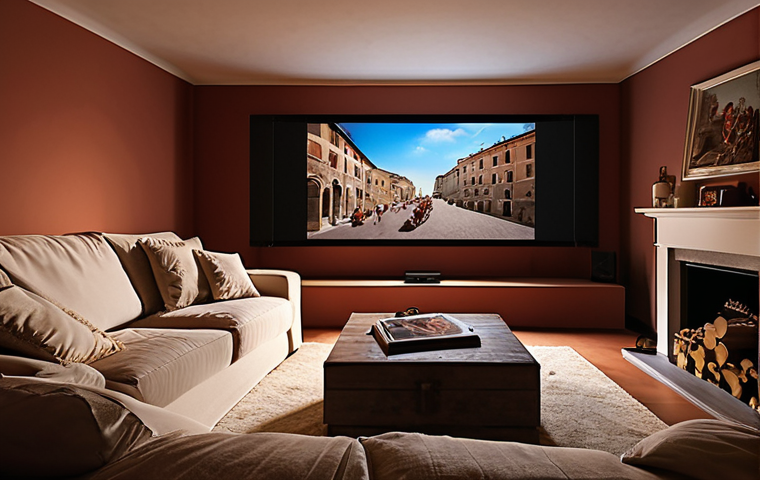 **

A cozy Italian living room transformed into a home cinema. Soft, adjustable lighting illuminates comfortable seating facing a large projected image of a classic Italian film on a screen. A high-quality audio system is subtly visible. The overall mood is warm and inviting, showcasing the immersive experience.

**