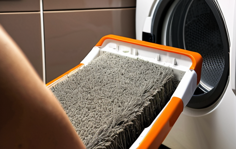 **Prompt:** A close-up shot of a person cleaning a dryer's lint filter with a soft-bristled brush, removing stubborn lint. Focus on the texture of the lint and the cleanliness being achieved. Warm, inviting lighting. *Locale: Inside a typical Italian laundry room.*