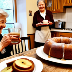 A warmly lit kitchen scene featuring a rustic wooden table laden with an apple and cinnamon cake. Slices are being served, and steam is rising from a cup of coffee nearby. In the background, a grandmother is smiling fondly as she watches a younger person decorate another cake with rum-soaked raisins. Focus on the cozy, inviting atmosphere and the intergenerational connection through baking.