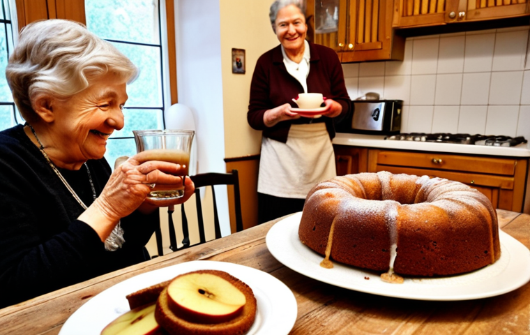 A warmly lit kitchen scene featuring a rustic wooden table laden with an apple and cinnamon cake. Slices are being served, and steam is rising from a cup of coffee nearby. In the background, a grandmother is smiling fondly as she watches a younger person decorate another cake with rum-soaked raisins. Focus on the cozy, inviting atmosphere and the intergenerational connection through baking.