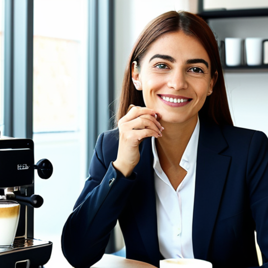커피머신 청소법 - Modern Office Coffee Break**
"A professional Italian businesswoman in a modest business suit, enjoy...