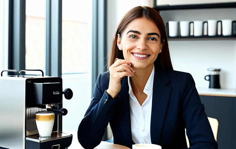 커피머신 청소법 - Modern Office Coffee Break**

"A professional Italian businesswoman in a modest business suit, enjoy...