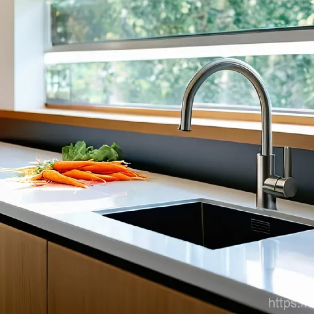 음식물 처리기의 종류 - **Prompt for Food Disposer Under the Sink:**
"A brightly lit, modern kitchen with sleek, minimal...