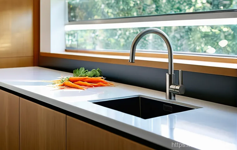 음식물 처리기의 종류 - **Prompt for Food Disposer Under the Sink:**
    "A brightly lit, modern kitchen with sleek, minimal...