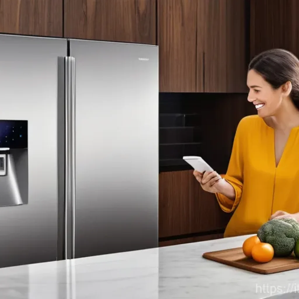 스마트폰 연동 냉장고 - **Prompt 1: The Heart of the Smart Home Kitchen**
    "A vibrant, modern kitchen with warm, inviting...