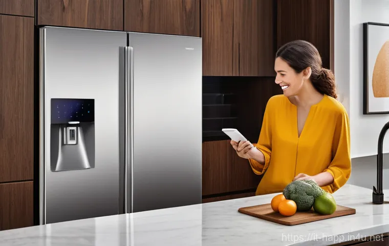 스마트폰 연동 냉장고 - **Prompt 1: The Heart of the Smart Home Kitchen**
    "A vibrant, modern kitchen with warm, inviting...