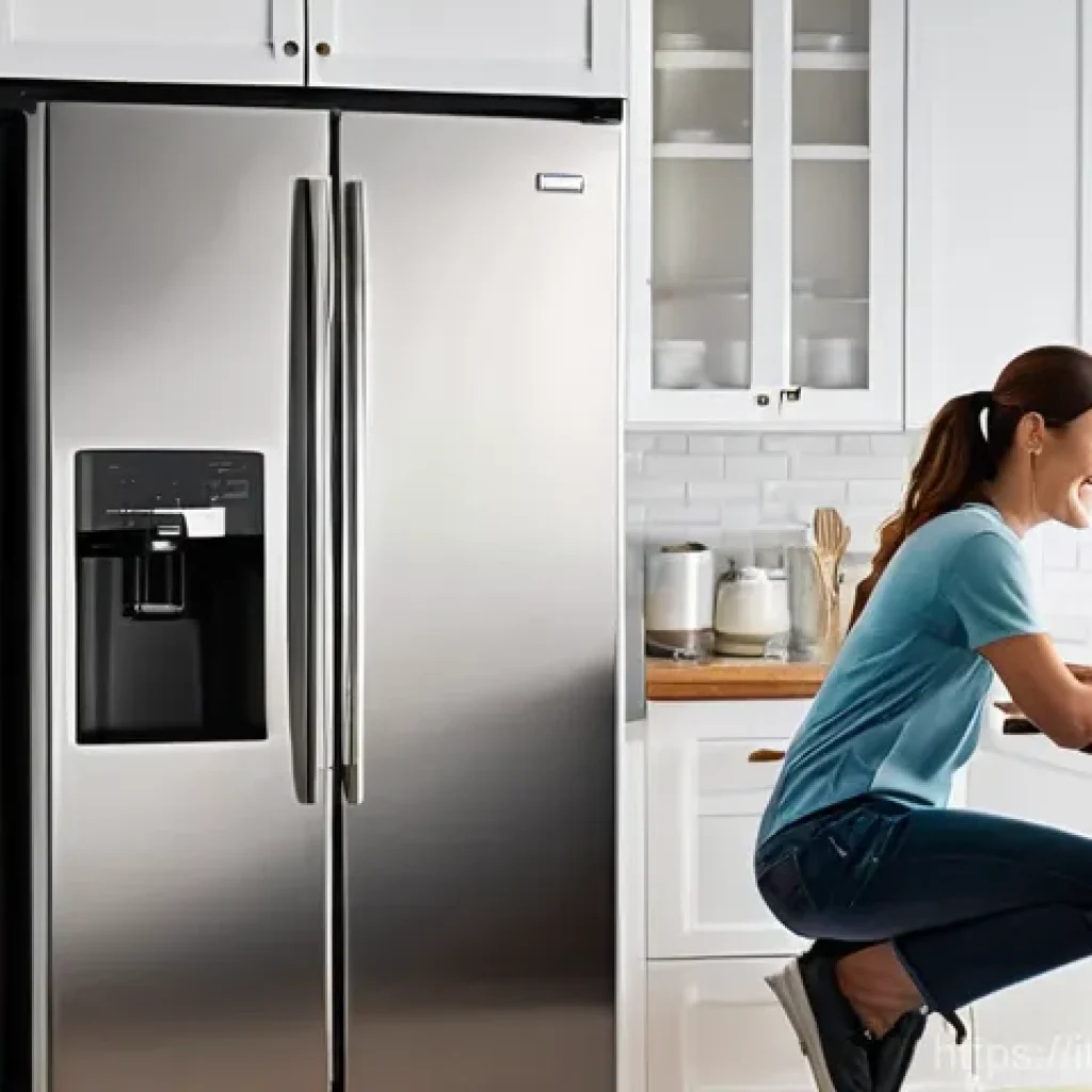 냉장고 전기 절약 팁 - **Prompt:** A clean, modern kitchen with warm, natural lighting. An adult, casually dressed in jeans...