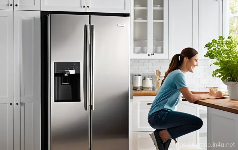 냉장고 전기 절약 팁 - **Prompt:** A clean, modern kitchen with warm, natural lighting. An adult, casually dressed in jeans...