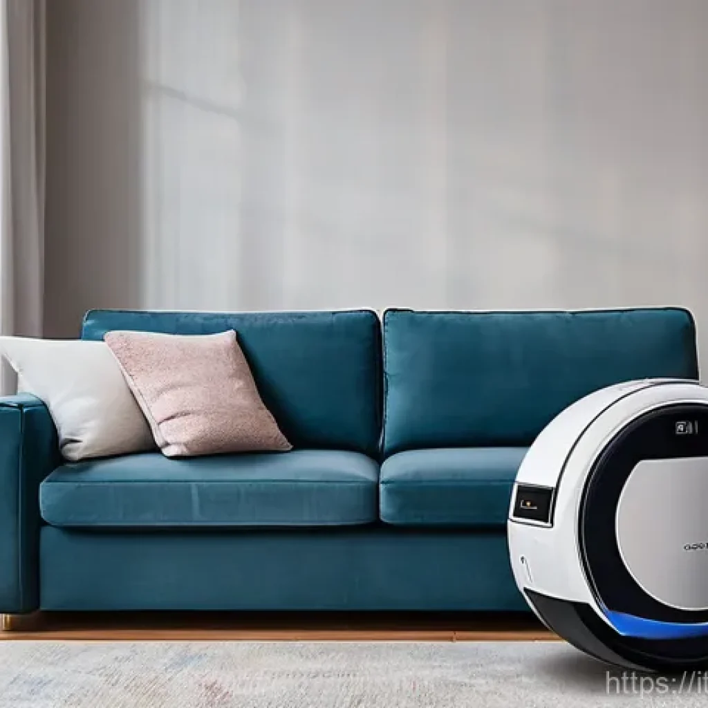 로봇청소기 오류 해결 - A modern robot vacuum cleaner is momentarily stuck under the edge of a stylish, light-colored sofa i...