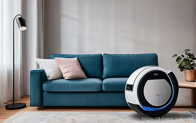 로봇청소기 오류 해결 - A modern robot vacuum cleaner is momentarily stuck under the edge of a stylish, light-colored sofa i...