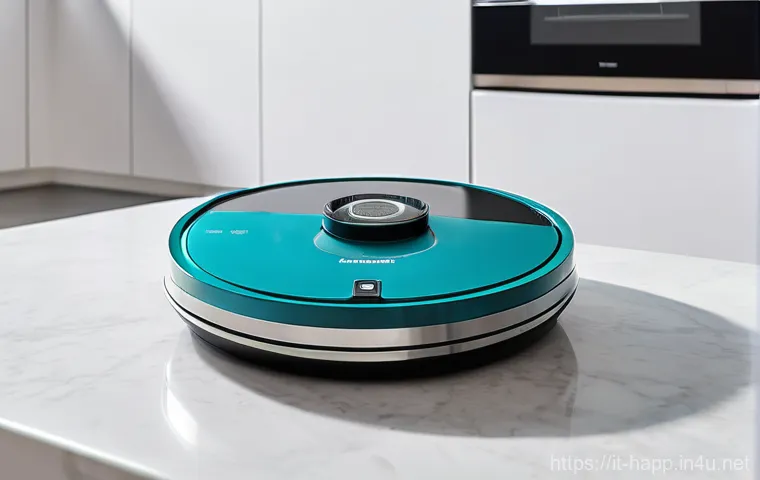 로봇청소기 오류 해결 - A modern robot vacuum cleaner is momentarily stuck under the edge of a stylish, light-colored sofa i...