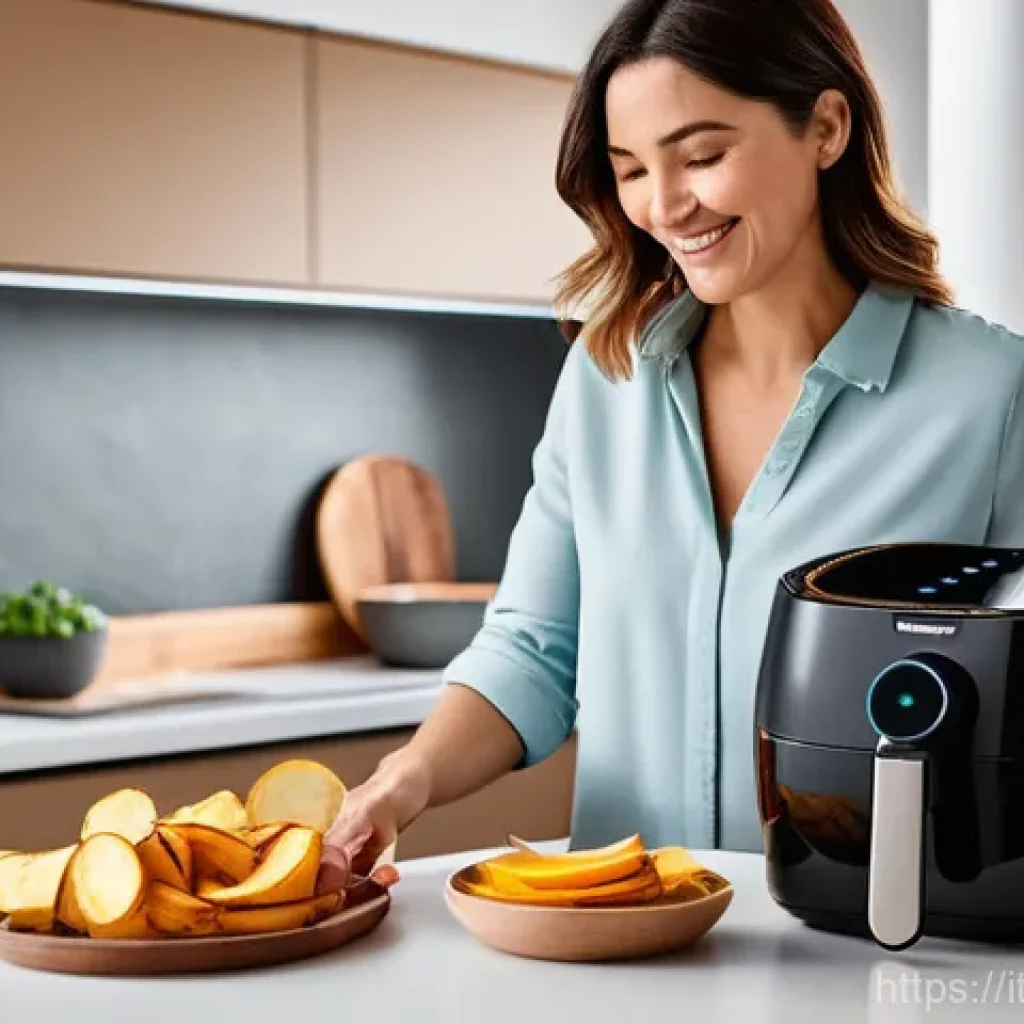 전자레인지 대체 조리기구 - **A modern Italian kitchen scene featuring a sleek air fryer.** A smiling, casually dressed Italian ...