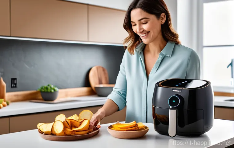전자레인지 대체 조리기구 - **A modern Italian kitchen scene featuring a sleek air fryer.** A smiling, casually dressed Italian ...