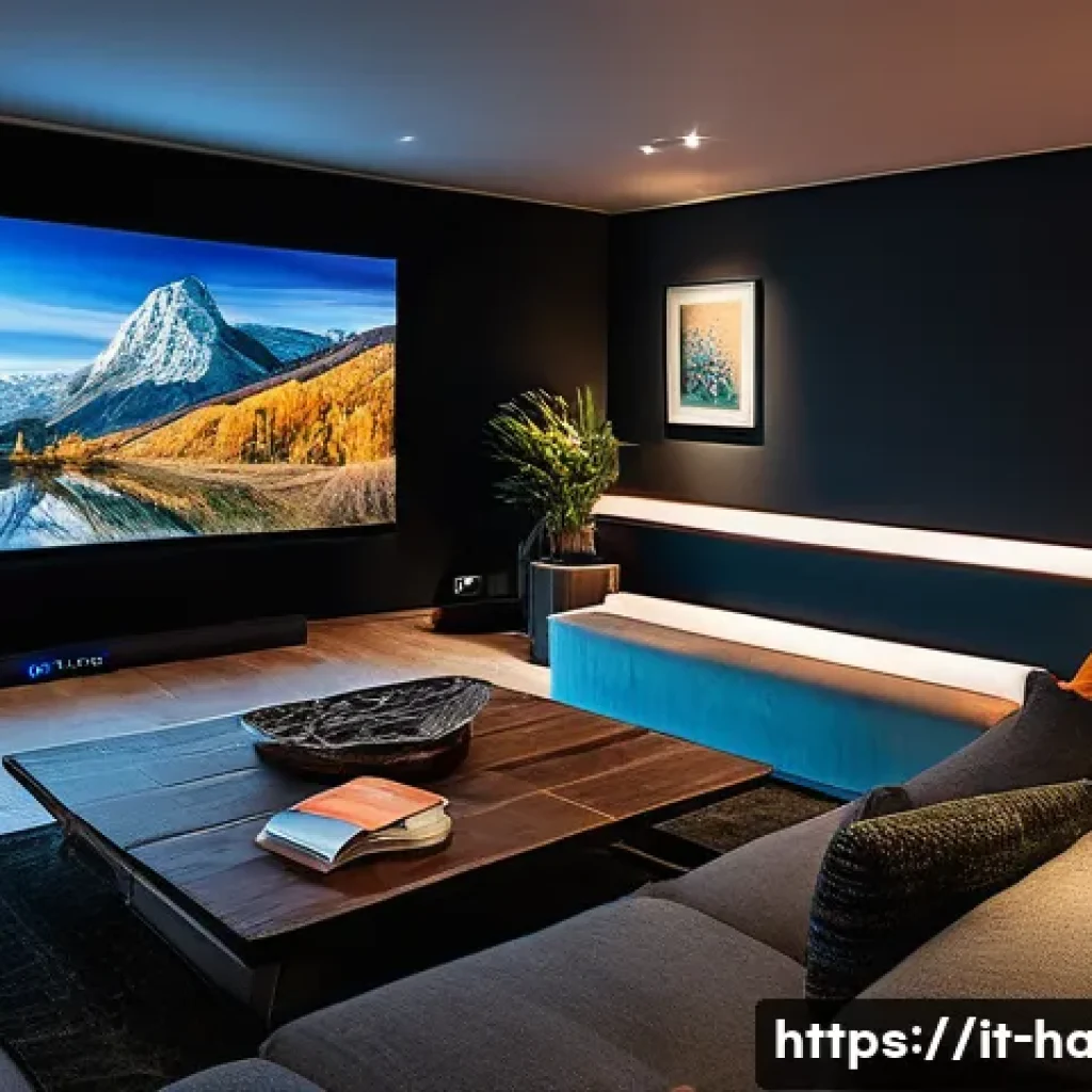 빔프로젝터 4K 지원 모델 - **Prompt: "A cozy and modern living room at dusk, with a sleek 4K laser projector casting a brillian...