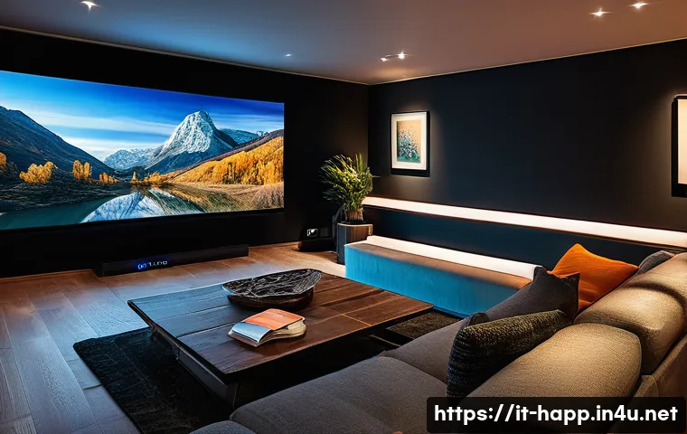 빔프로젝터 4K 지원 모델 - **Prompt: "A cozy and modern living room at dusk, with a sleek 4K laser projector casting a brillian...