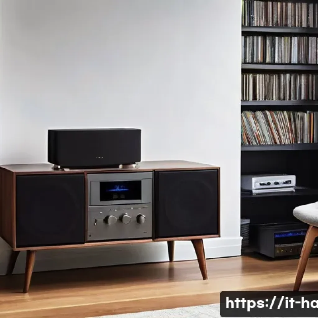 홈 오디오 시스템 설정 - **Prompt**: "A sophisticated and serene home listening sanctuary dedicated to pure stereo audio. In ...