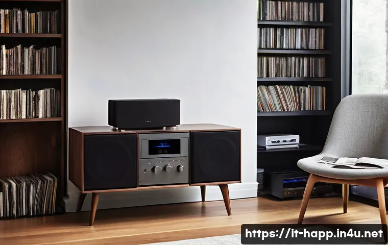 홈 오디오 시스템 설정 - **Prompt**: "A sophisticated and serene home listening sanctuary dedicated to pure stereo audio. In ...