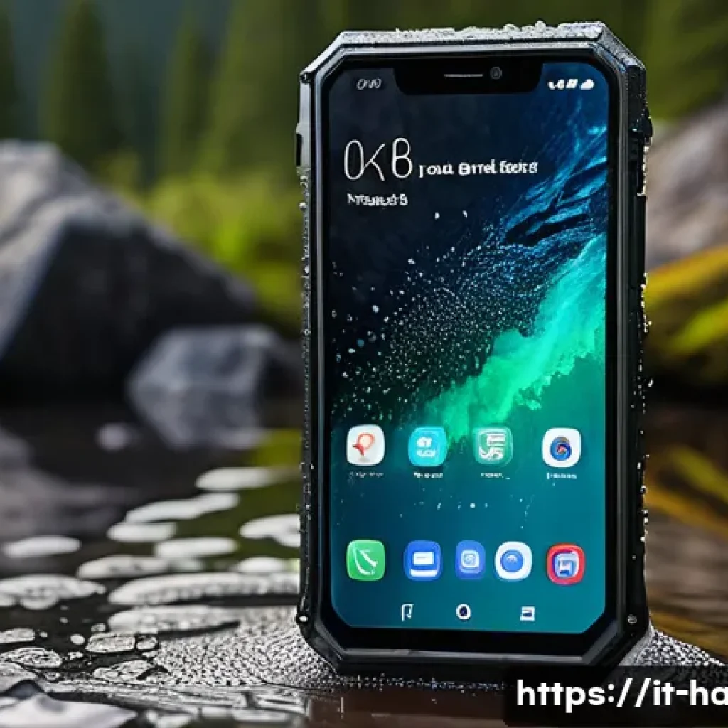 전자기기 방수 등급 확인법 - A detailed close-up of a modern smartphone with an IP68 certification badge displayed on the screen,...