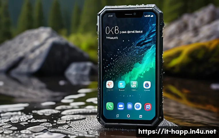 전자기기 방수 등급 확인법 - A detailed close-up of a modern smartphone with an IP68 certification badge displayed on the screen,...