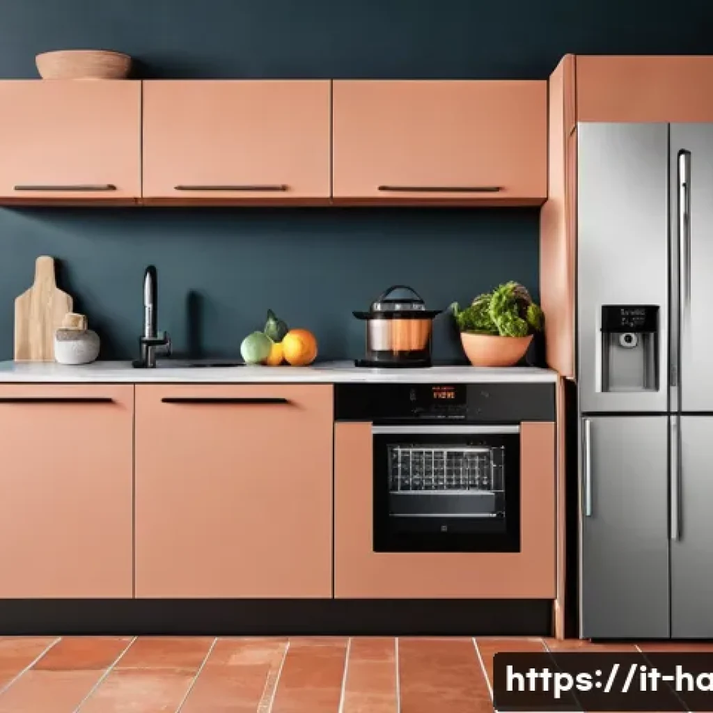 전기요금 절약형 가전 - A modern Italian kitchen scene showcasing a variety of energy-efficient household appliances: an A++...
