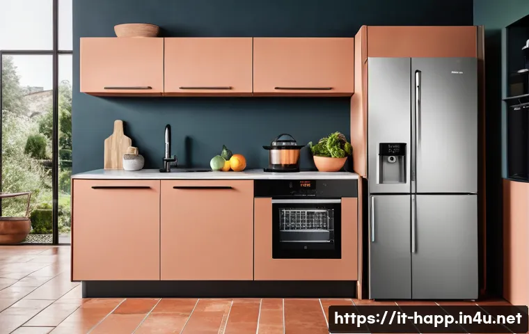 전기요금 절약형 가전 - A modern Italian kitchen scene showcasing a variety of energy-efficient household appliances: an A++...
