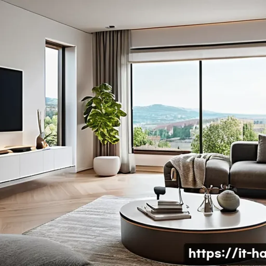 스마트 가전 홈 네트워크 - A modern Italian living room showcasing a smart home setup: sleek furniture with ambient smart light...