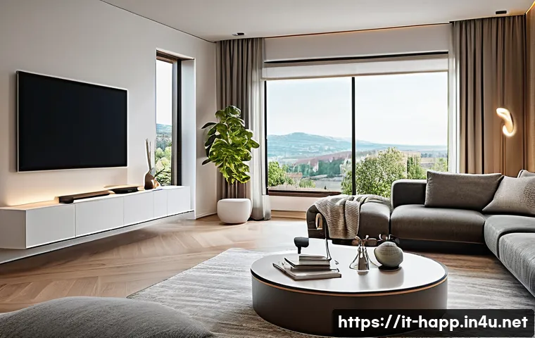 스마트 가전 홈 네트워크 - A modern Italian living room showcasing a smart home setup: sleek furniture with ambient smart light...