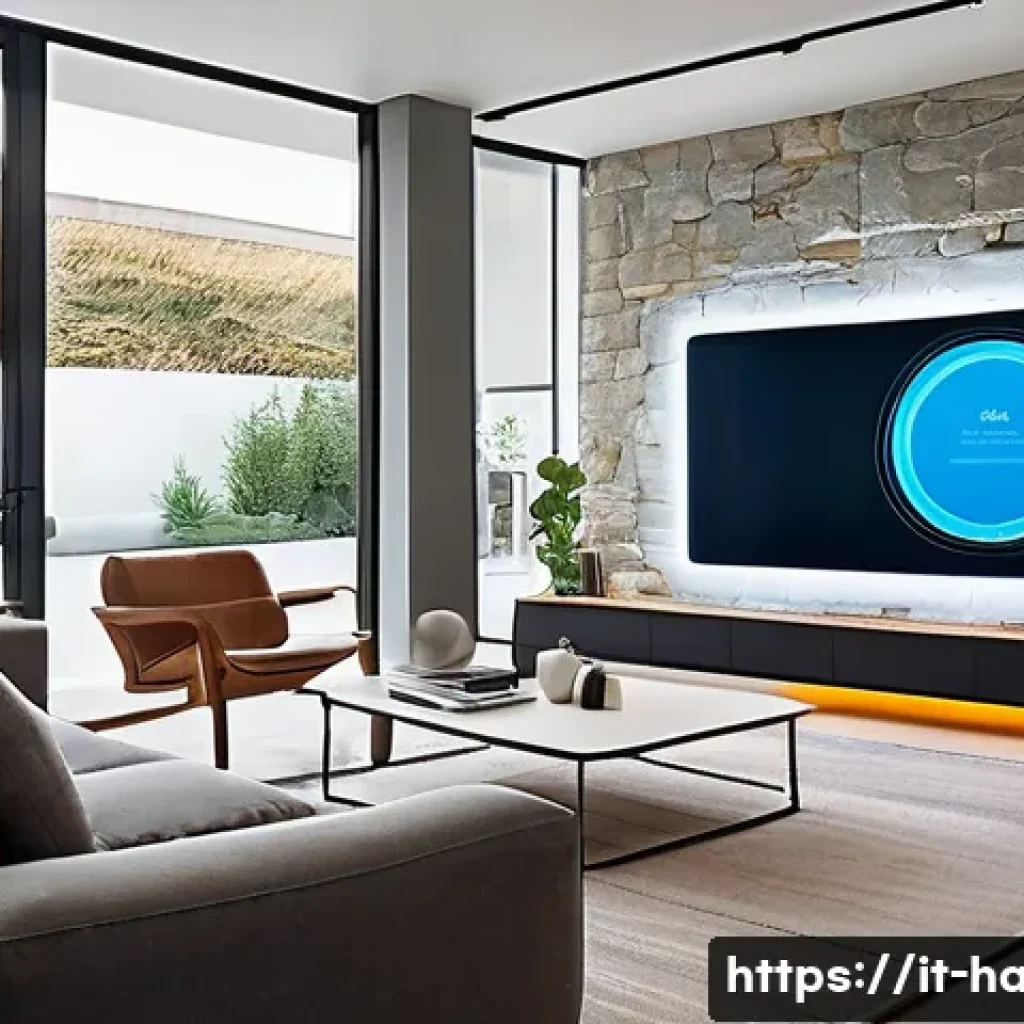 스마트홈 기기 호환성 - A modern smart home interior showcasing a variety of interconnected smart devices including Wi-Fi ro...