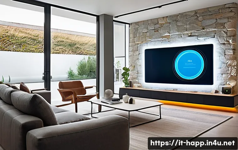 스마트홈 기기 호환성 - A modern smart home interior showcasing a variety of interconnected smart devices including Wi-Fi ro...