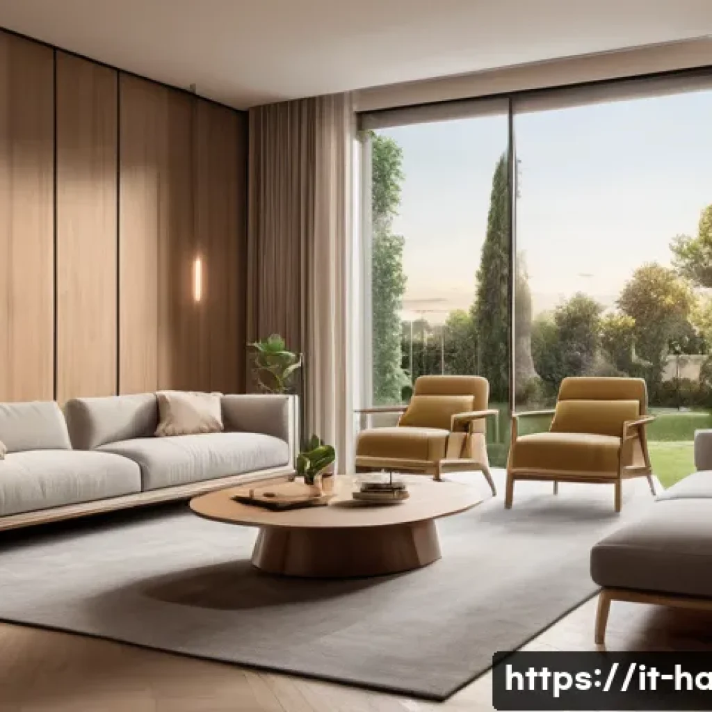 음성인식 가전 활용 - A modern Italian living room at dusk with warm, adjustable smart lighting controlled by voice comman...