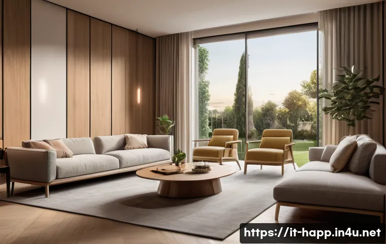 음성인식 가전 활용 - A modern Italian living room at dusk with warm, adjustable smart lighting controlled by voice comman...