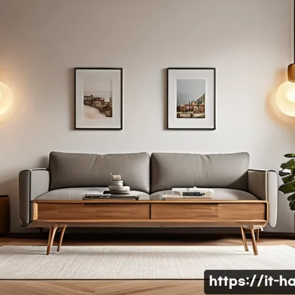 홈 네트워크 구축 방법 - A modern Italian living room with a sleek Wi-Fi 6 router placed centrally on a wooden shelf, surroun...