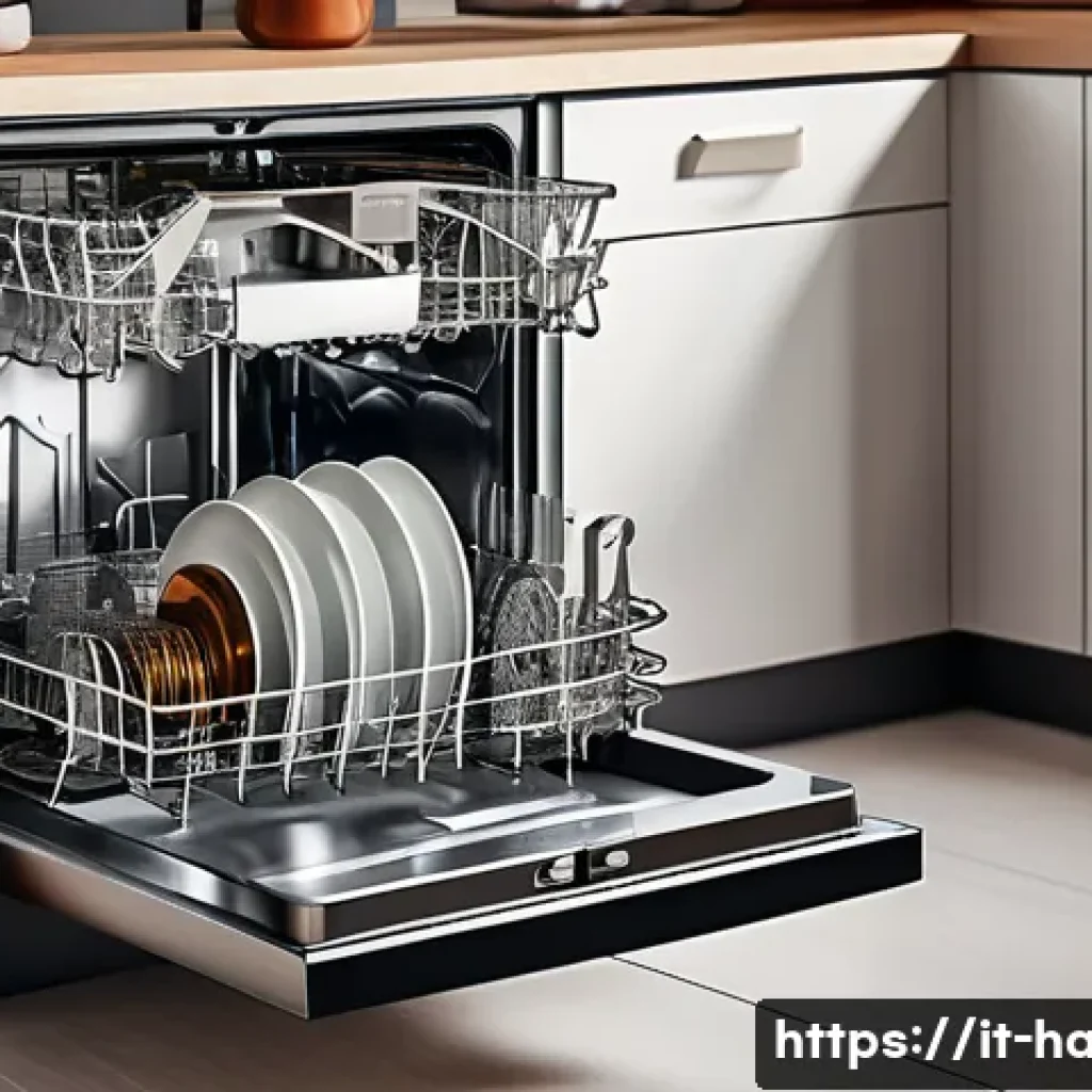 식기세척기 소음 해결 - A detailed cross-sectional illustration of a modern dishwasher interior focusing on worn or damaged ...