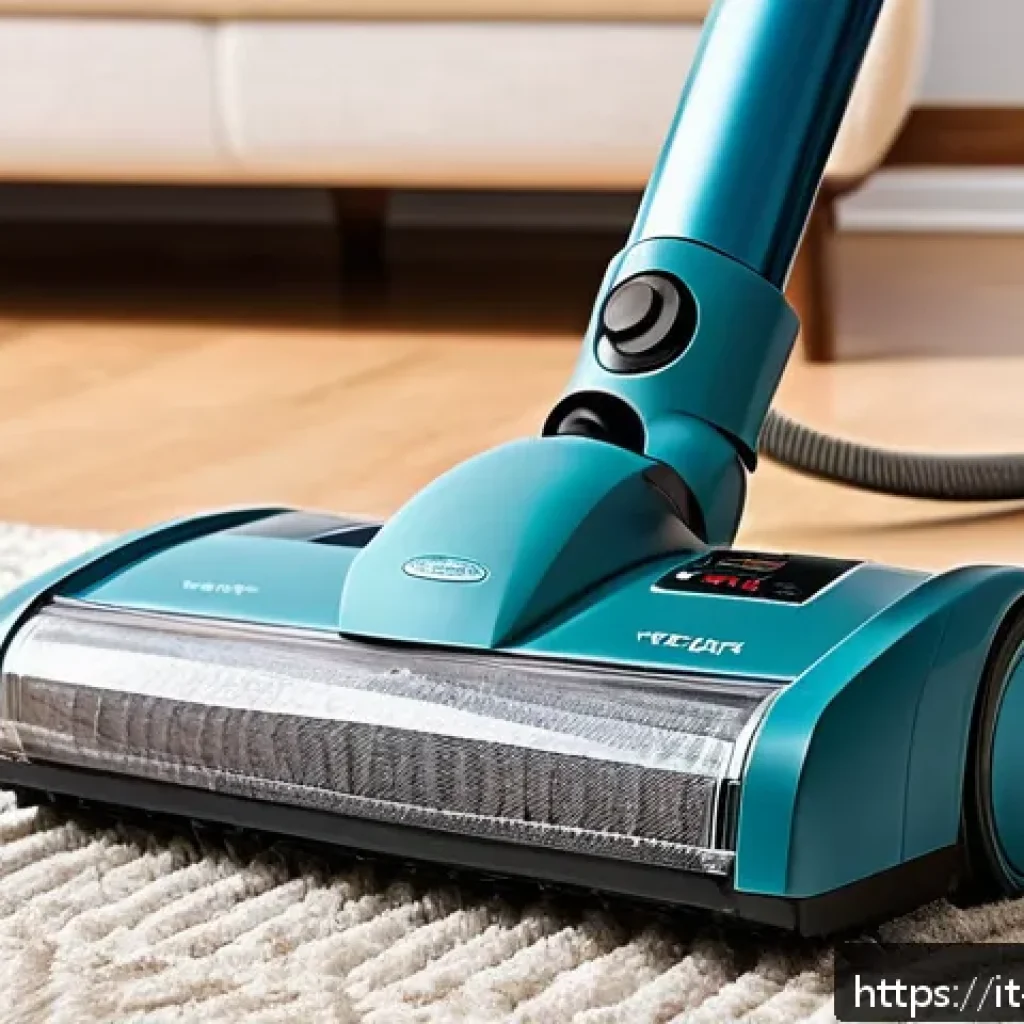 청소기 필터 세척법 - A detailed close-up of a modern vacuum cleaner filter being carefully removed from the device by a p...