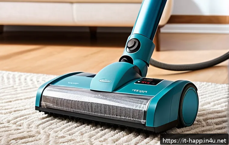 청소기 필터 세척법 - A detailed close-up of a modern vacuum cleaner filter being carefully removed from the device by a p...