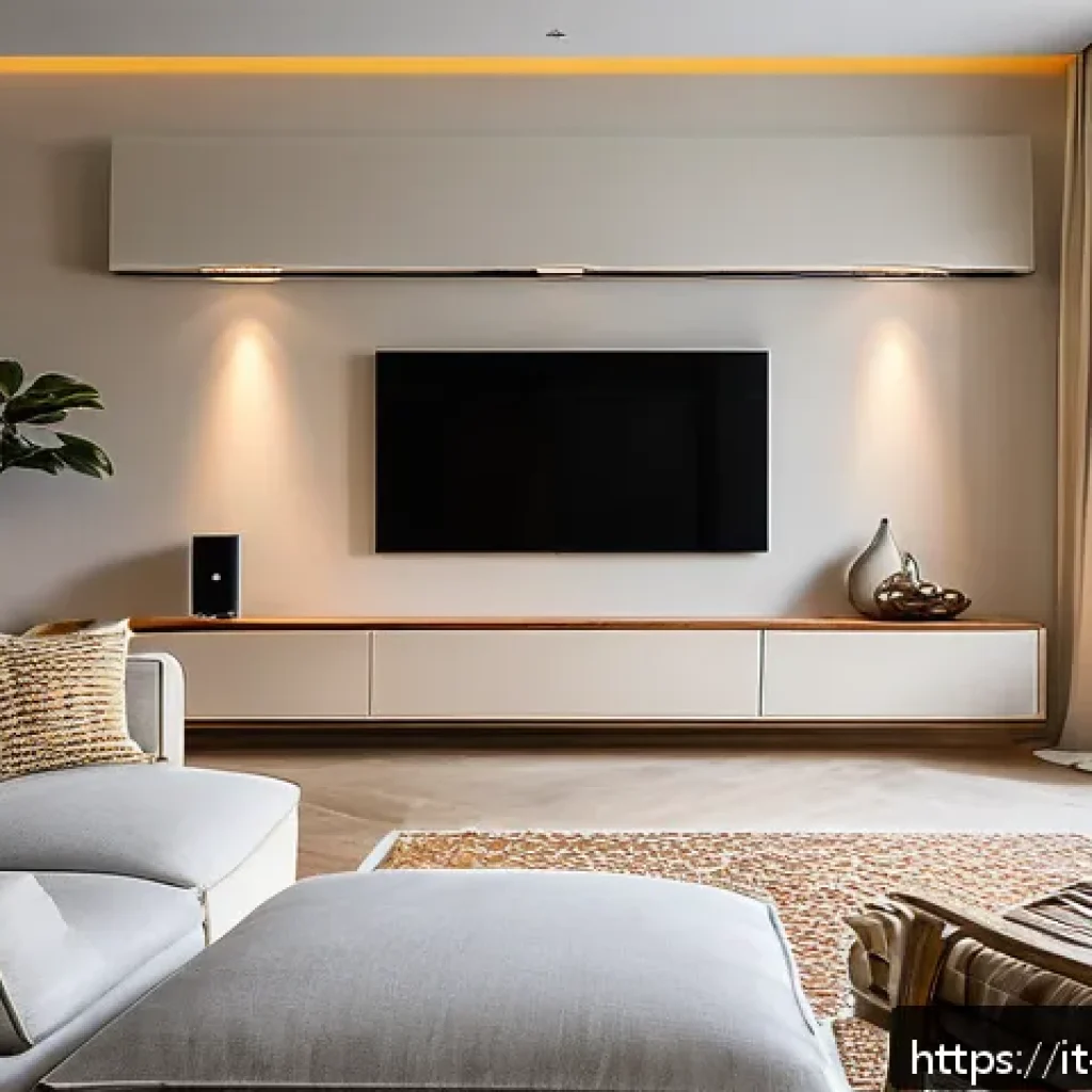 TV 벽걸이 설치 방법 - A modern Italian living room during daytime, featuring a large flat-screen TV mounted on a wall oppo...