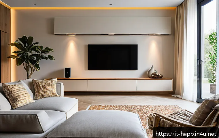 TV 벽걸이 설치 방법 - A modern Italian living room during daytime, featuring a large flat-screen TV mounted on a wall oppo...
