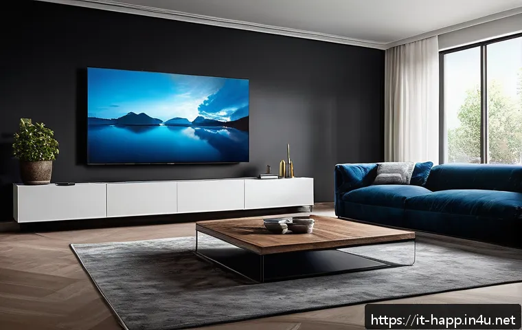 홈시어터 시스템 구성 - A modern Italian living room designed for optimal home theater experience, featuring a sleek 100-inc...