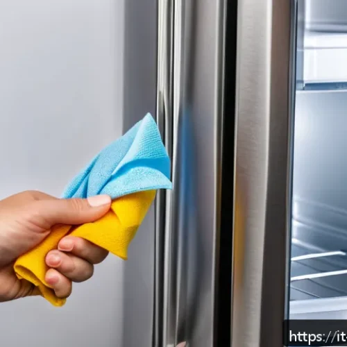 냉장고 성에 제거 방법 - A close-up view of a modern refrigerator door seal being gently cleaned with a soft cloth soaked in ...