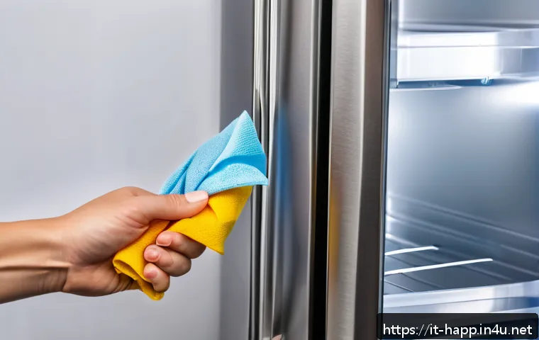 냉장고 성에 제거 방법 - A close-up view of a modern refrigerator door seal being gently cleaned with a soft cloth soaked in ...