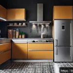 냉장고 컴프레서 소음 - A modern kitchen interior featuring a refrigerator with visible condenser coils at the back, surroun...