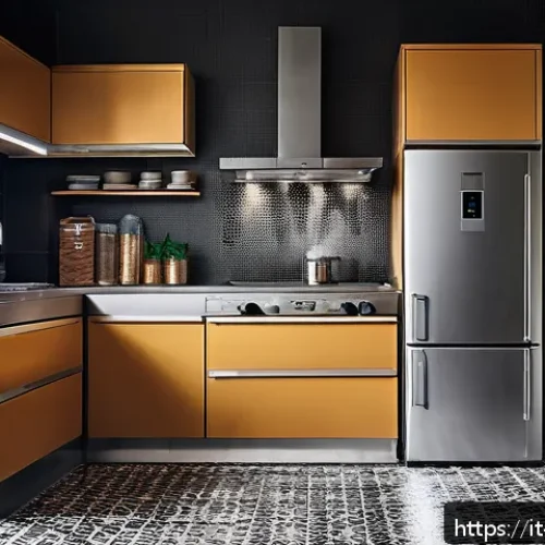 냉장고 컴프레서 소음 - A modern kitchen interior featuring a refrigerator with visible condenser coils at the back, surroun...