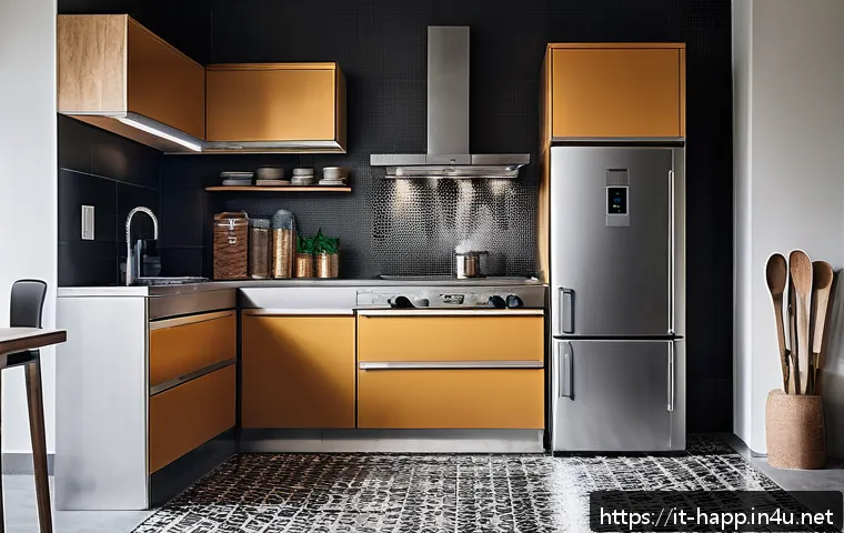 냉장고 컴프레서 소음 - A modern kitchen interior featuring a refrigerator with visible condenser coils at the back, surroun...