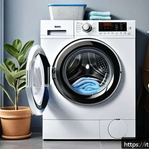 세탁기 오류코드 해석 - A detailed, realistic illustration of a modern washing machine with its front panel open, showing a ...