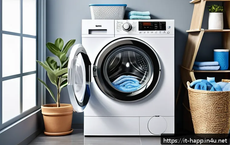 세탁기 오류코드 해석 - A detailed, realistic illustration of a modern washing machine with its front panel open, showing a ...