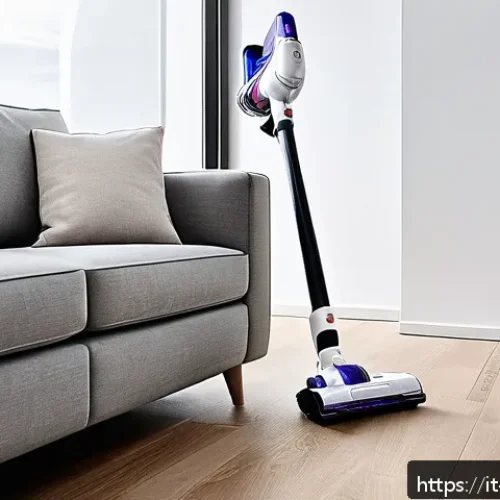 무선 가전의 장점과 단점 - A modern, minimalist living room scene showcasing a sleek cordless vacuum cleaner in use. The vacuum...