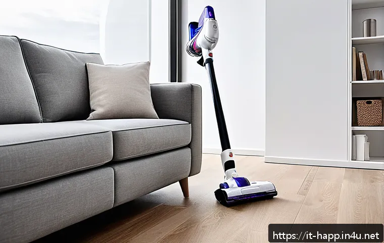 무선 가전의 장점과 단점 - A modern, minimalist living room scene showcasing a sleek cordless vacuum cleaner in use. The vacuum...