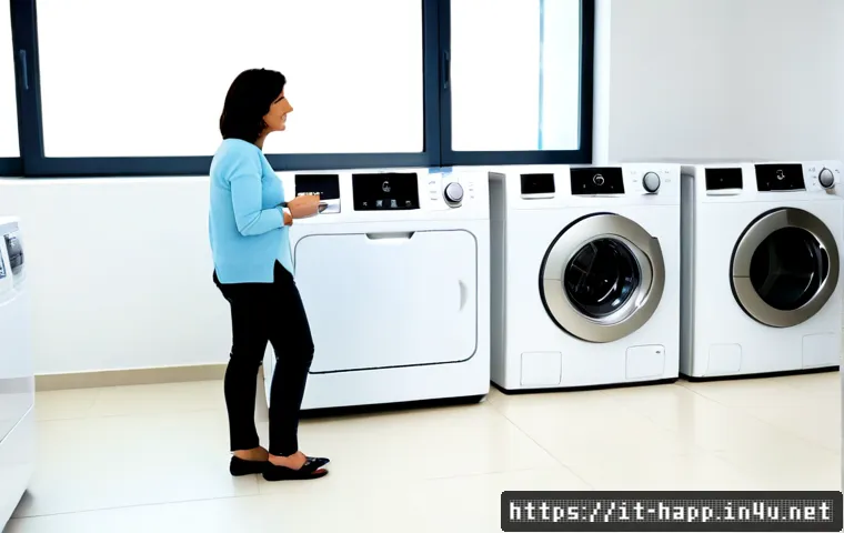 Home 17 홈가전 구매 가이드 - Photorealistic Italian home appliance showroom, a middle-aged couple thoughtfully comparing two mode...